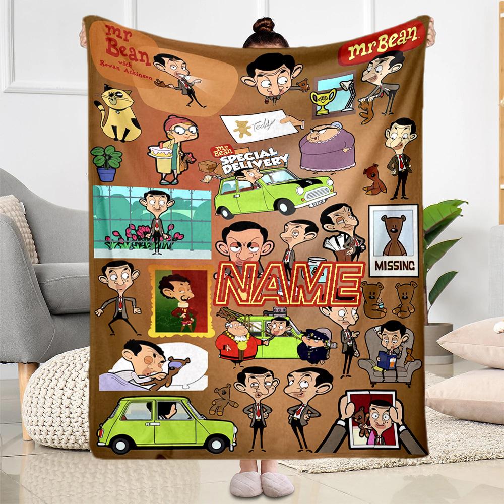 Mr Bean's Adventures Customize Your Name Blanket Multi-purpose Personalized Blanket Ultra-Soft Perfect for Home Decor Living Room Seaside Sofa