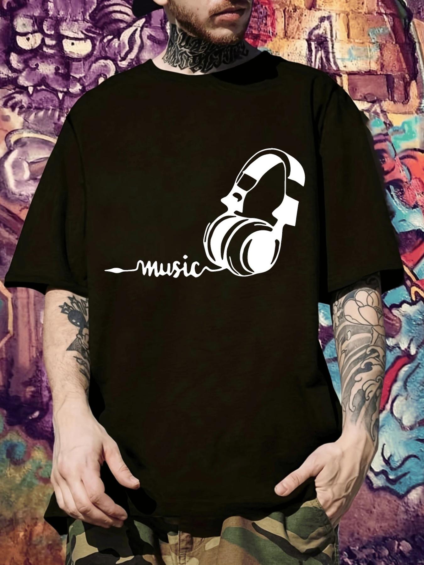 Music Graphic T-shirt - Black Tee with Headphones Design S