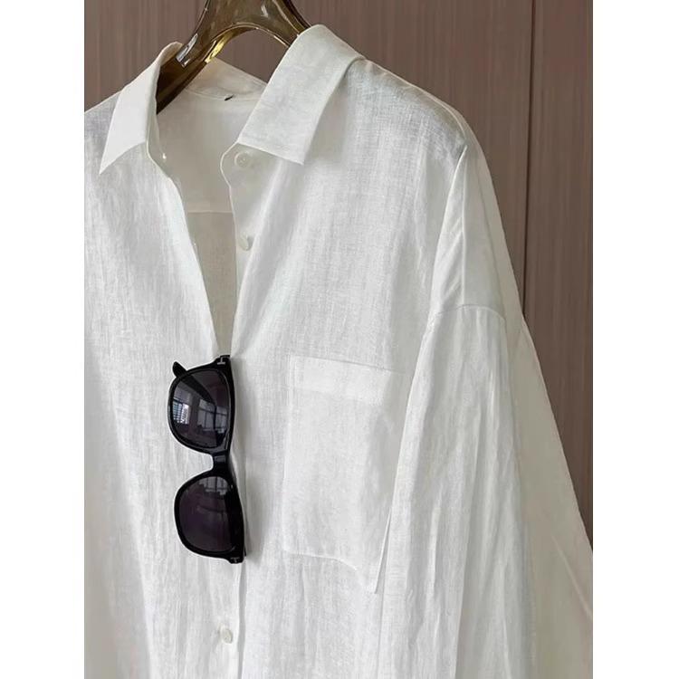 Women's White Long-Sleeve Sun Protection Shirt, Spring/Summer Loose Polo Collar Cardigan