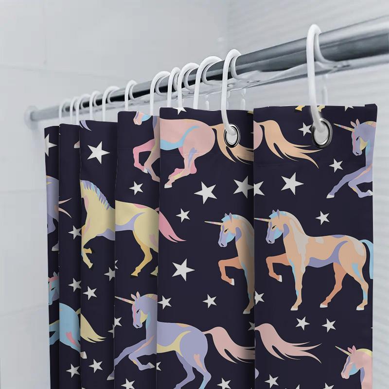 Stylish Unicorn Shower Curtain Waterproof Fabric Bath Decor Blue Background with Stars Pattern Bathroom Linen Decoration for Hom