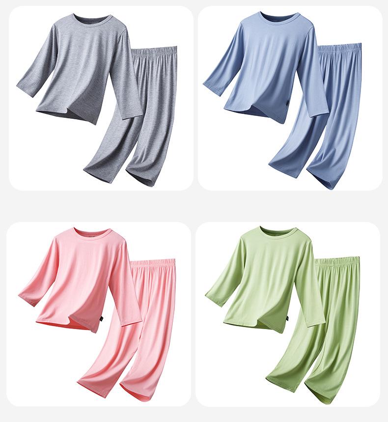 Dětské modální pyžamo - Letní lehké, kulatý výstřih, dlouhý rukáv a kalhoty pro chlapce a dívky.