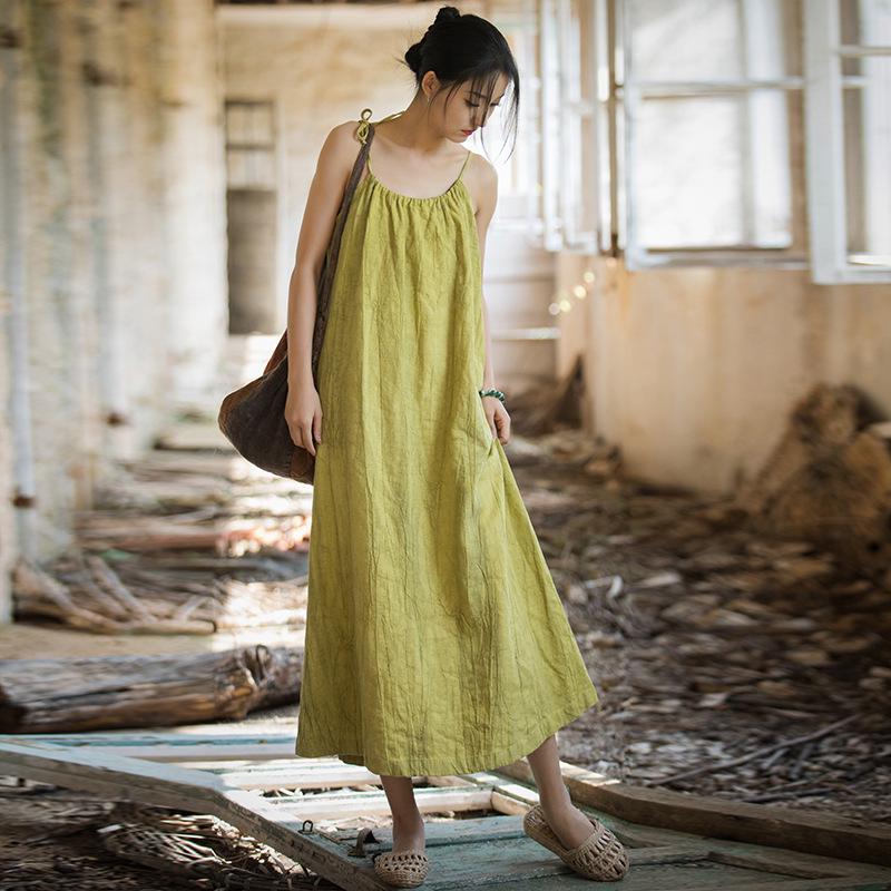 Linen Tie-Dye Adjustable Strappy Dress - Retro French Elegant Casual Wear for Spring and Summer
