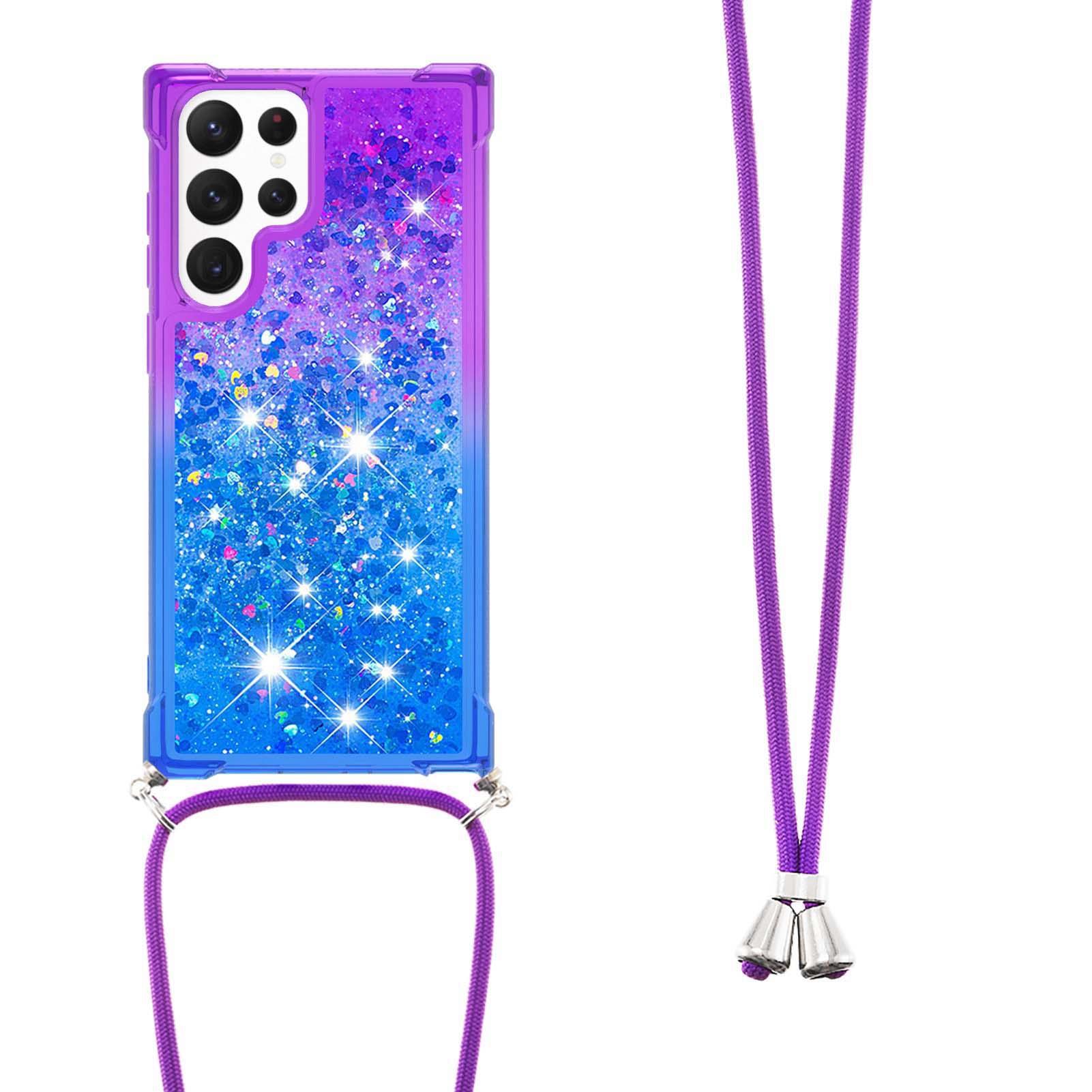 

For Samsung Galaxy S23 Ultra TPU Case Gradiant Quicksand Shockproof Cover with Lanyard Purple/Sky Blue