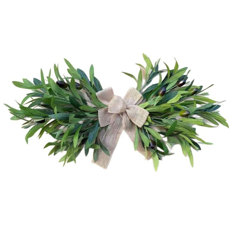 Artificial Olive Wreath Door Hanging Decor With Burlap Bow 60cm Farmhouse Style Floral Wall Ornament Home Entryway