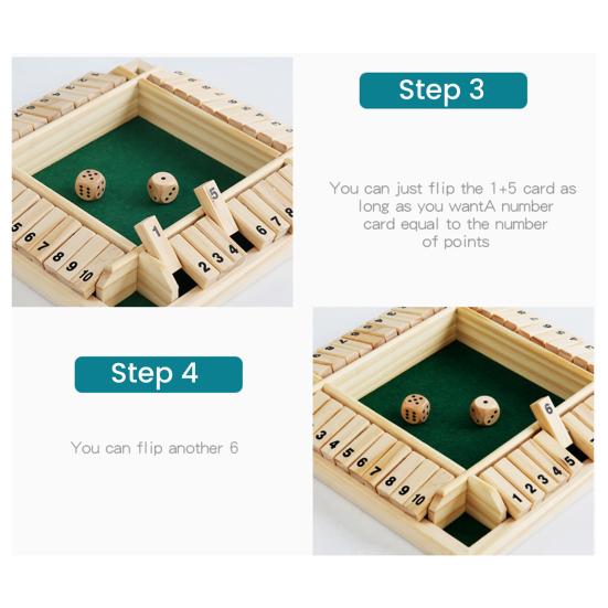 Shut The Box Board Game 4 Players Wooden Table Math Game Kids Adults Family Night Party Educational 4-Side 10 Number Dice Classic Tabletop Game