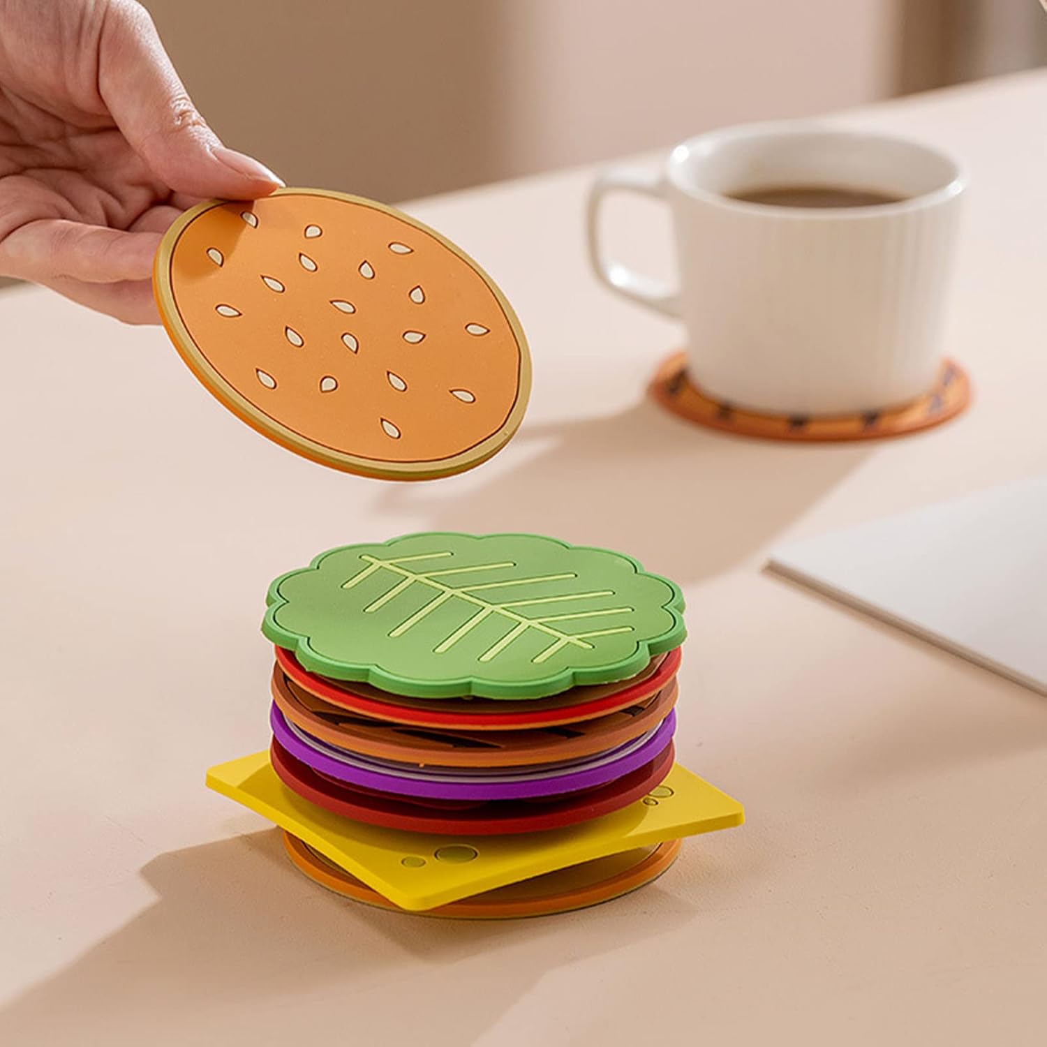 

8pcs Hamburger Coaster Waterproof Coasters PVC Drink Coaster Non-Slip Cup Mat Hamburger Shape Coasters Heat Insulation Cute Pattern Coasters Holiday