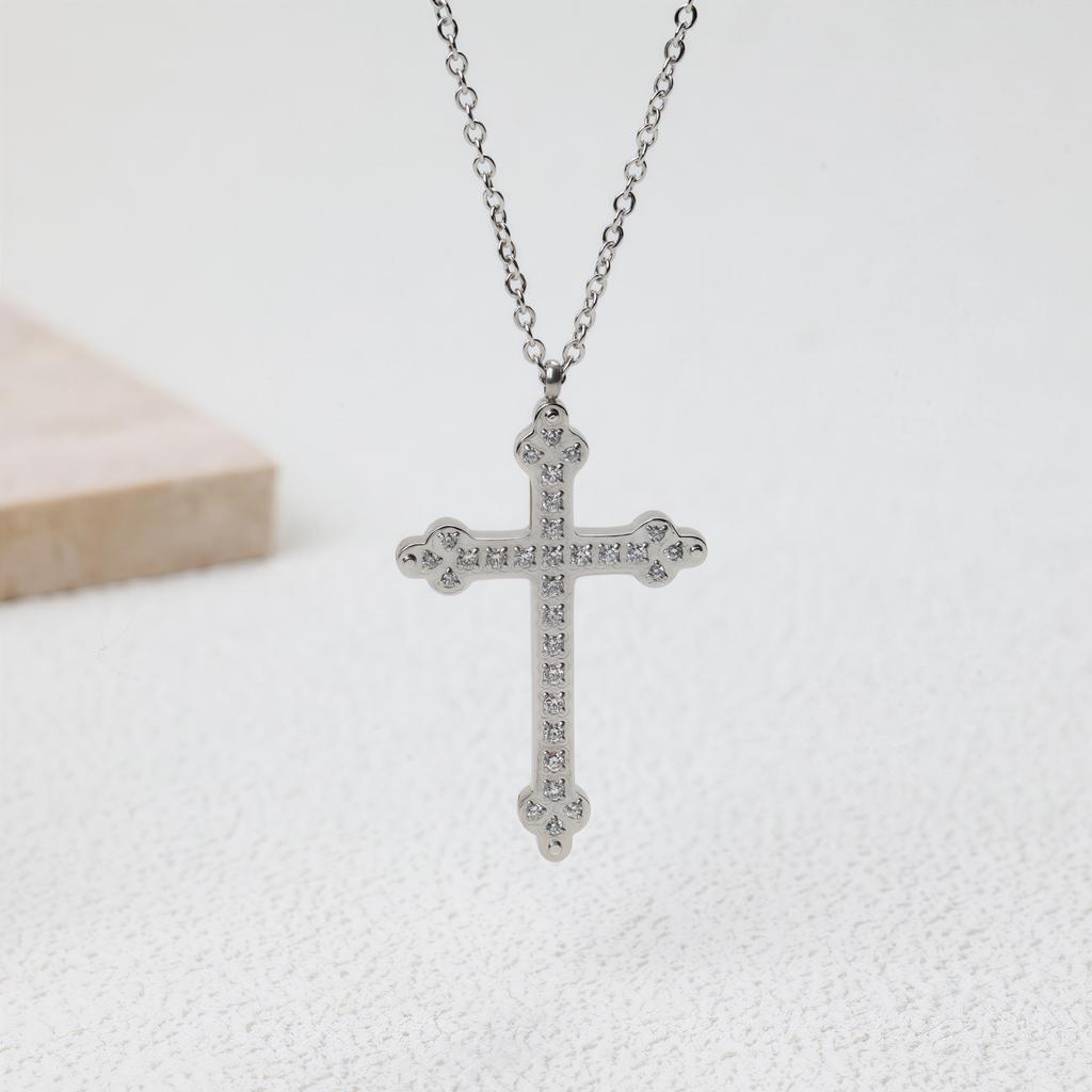 Sweet Cool Hip Hop Zircon Cross Necklace Titanium Steel Necklace Does Not Fade Hip Hop Gothic Men'S Necklace