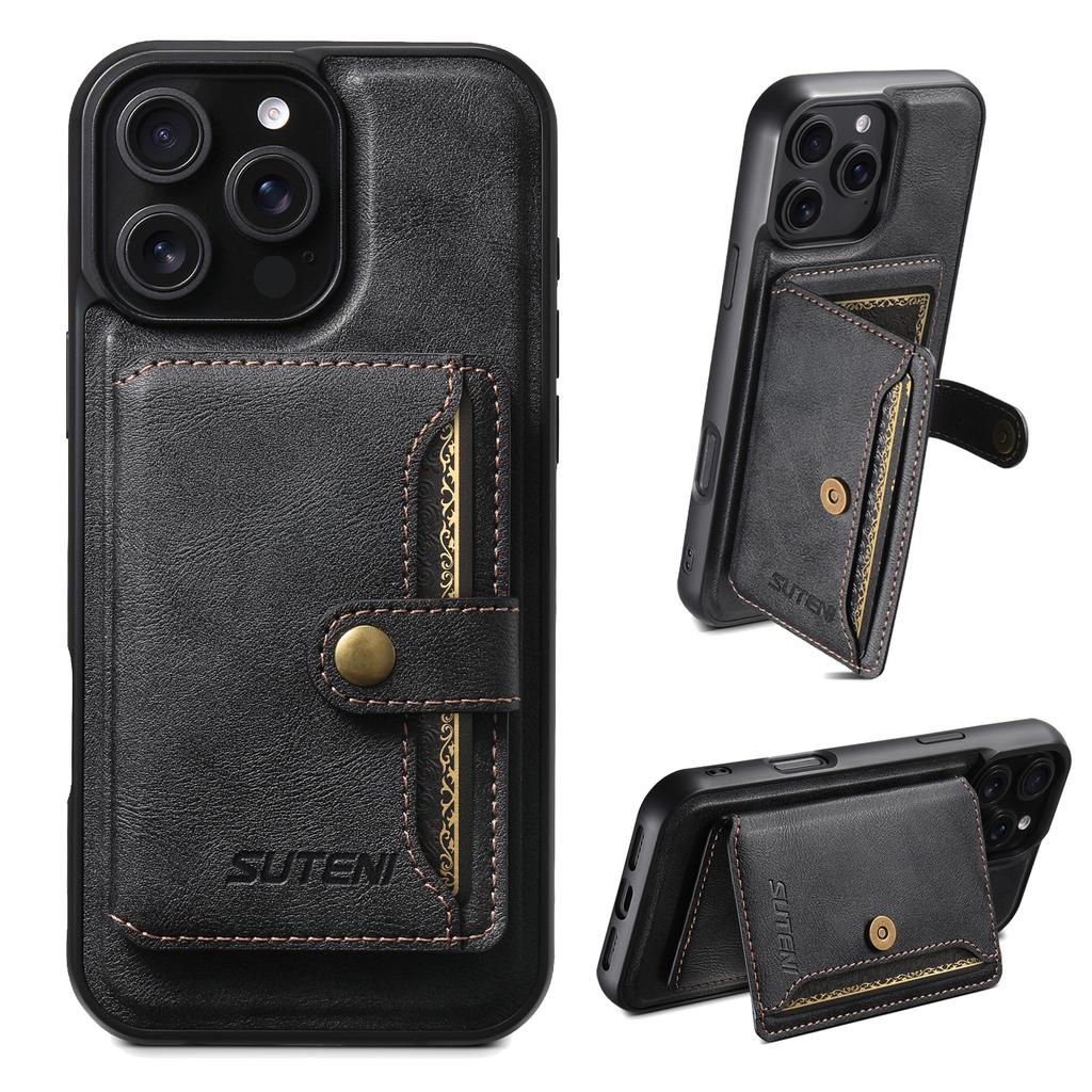 SUTENI M4 For iPhone 16 Pro Magnetic Case with Card Holder Cowhide Texture Leather Back Cover