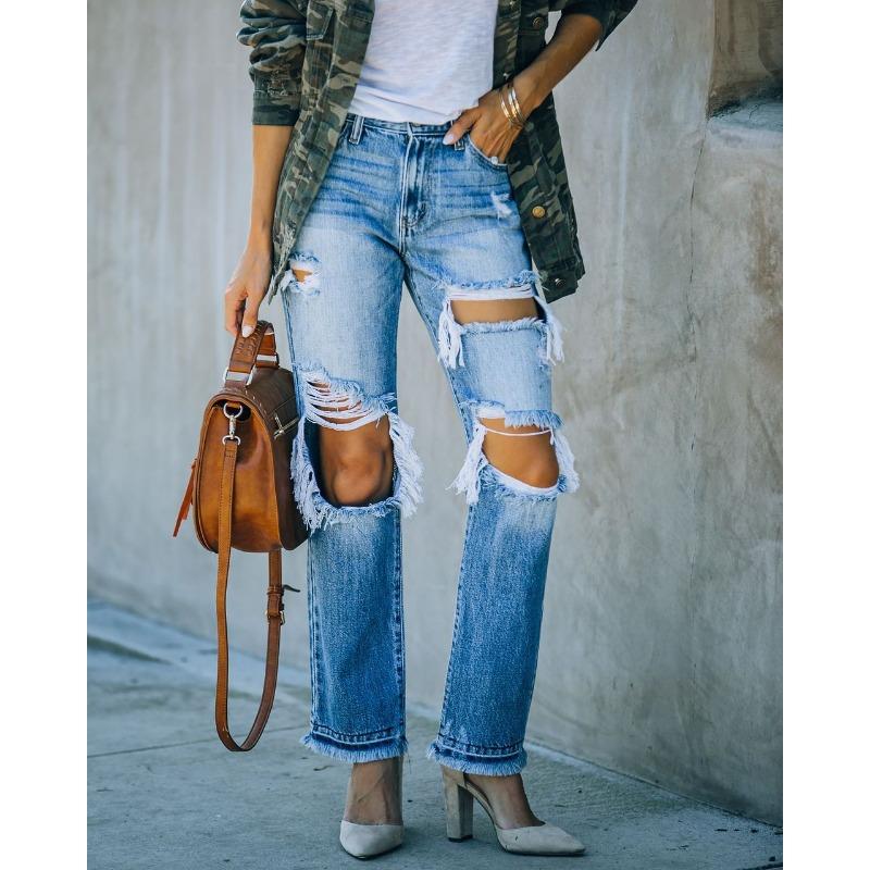 

Женские джинсы свободные рваные и тонкие выстиранные женские джинсовые брюки XXL светло-синий