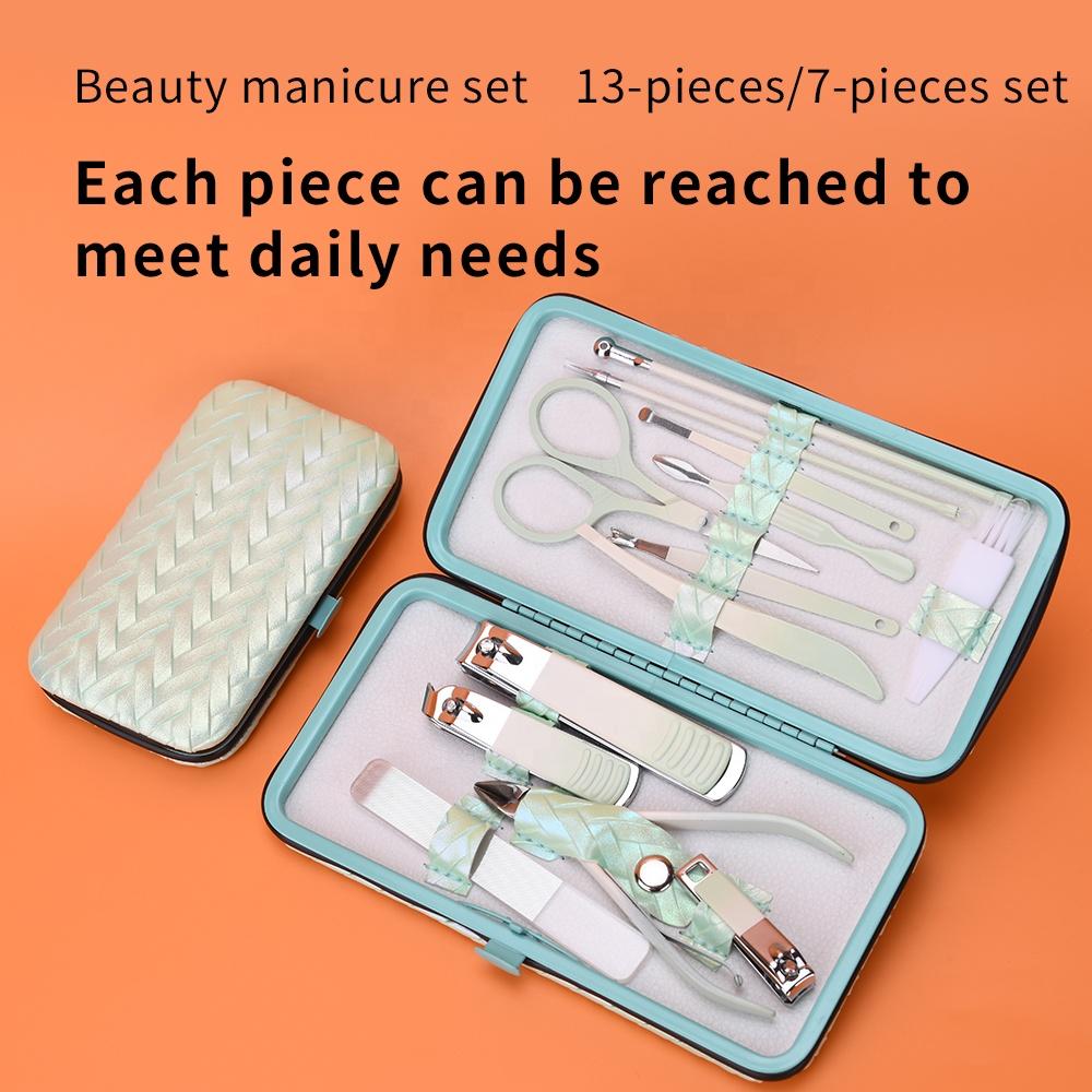 Manicure Set and Grooming Kits Mint Green Stainless Steel Beauty Tools with Leather Case Trending Products