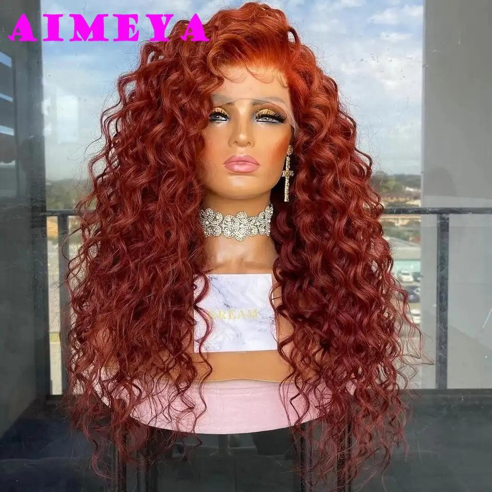Copper Red Curly Wig Long Deep Wave Synthetic Lace Front Wig for Women 13x4 Natural Hairline Daily Use Cosplay Wig Glueless (Copper Red,24inches&Lace Front Wigs) медный красный