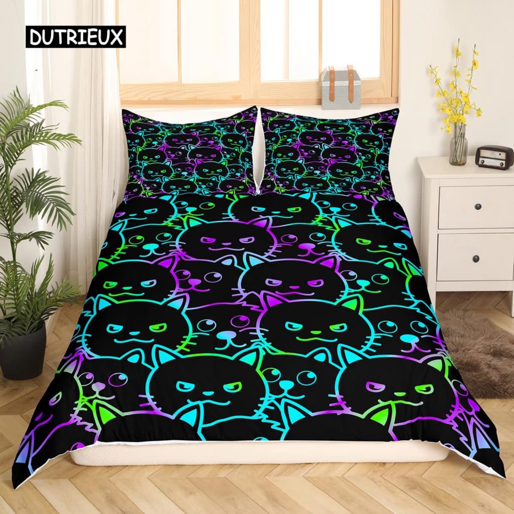 White Cat Flower King Queen Duvet Cover Kitten Bedding Set Pet Animal Polyester Quilt Cover Girls Pink Floral Comforter Cover