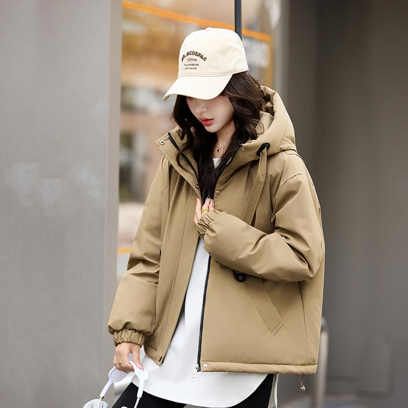סתיו חורף מעיל פארקה חם מעובה נשים קז'ואל מתוק צבע אחיד כיס גדול מעיל רופף עם קפוצ'ון ז'קטים הלבשה עליונה