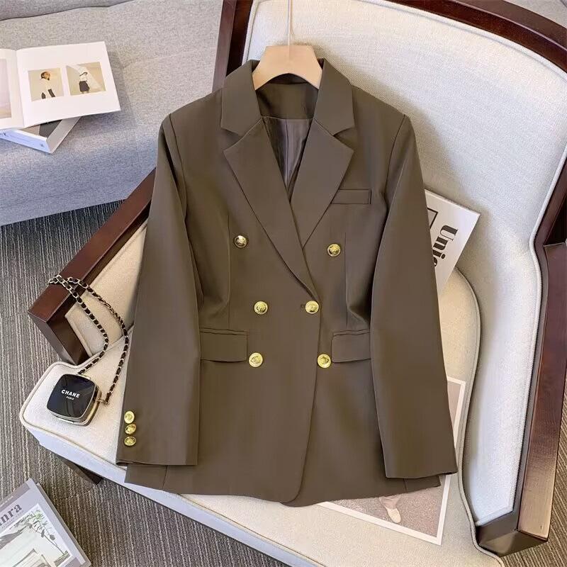 

Women s Khaki Double-Breasted Suit Jacket - Spring/Autumn 2025 Street Style, Loose-Fit, Versatile, Casual. 3XL кавовий