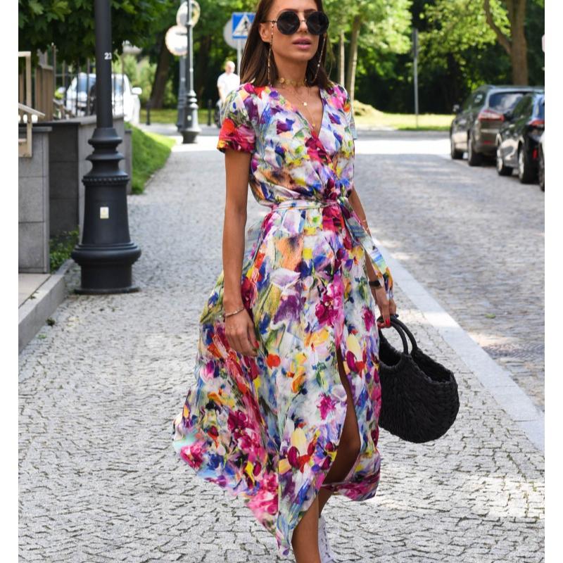 Summer Short Sleeve Vintage Print Sexy Women Dresses Casual Elegant Slim Fit V Neck Floral Long Dress Women High Waist Lace-up Party Club Dress 26101