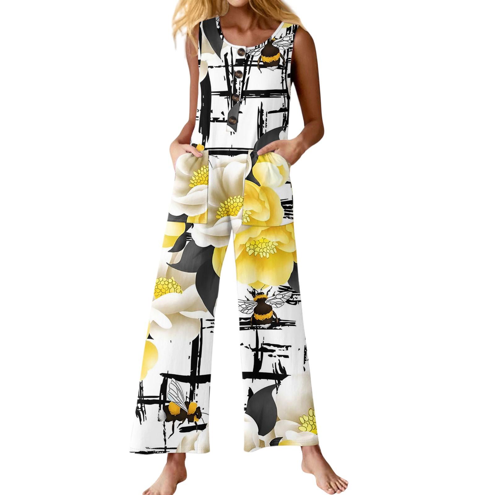 

Женский модный повседневный комбинезон без рукавов с пуговицами и цветочным принтом, хлопковый комбинезон с карманами XL жёлтый