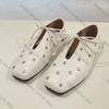 Fashion Ins Style Rivet Soft Leather Women Ballet Flats Fashion Square Toe Hollow Out Lace-up Walking Loafers Casual Lazy Dance Shoes