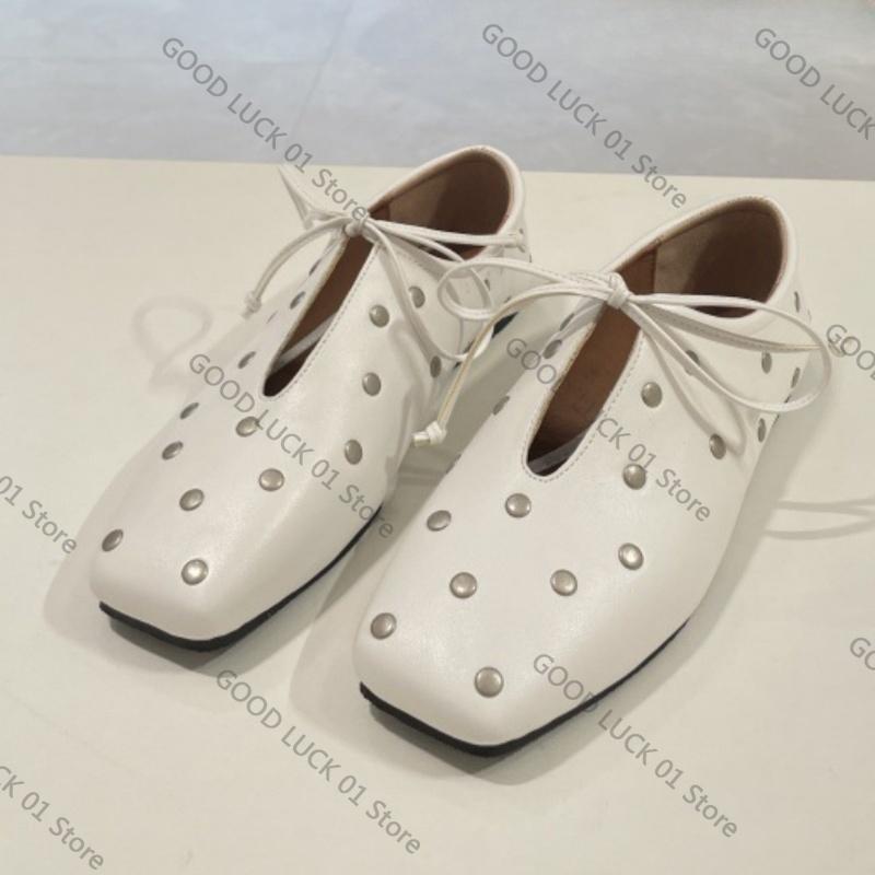 Fashion Ins style Rivet Soft Leather Women Ballet Flats Fashion Square toe Hollow out Lace-up Walking Loafers Casual Lazy Dance Shoes