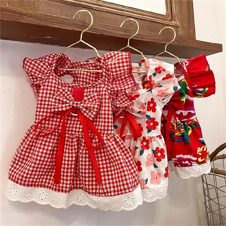 Kleid für Hund Süßes Gitter-/Blumenmuster Rock Haustier Geburtstags-Hochzeitskleid