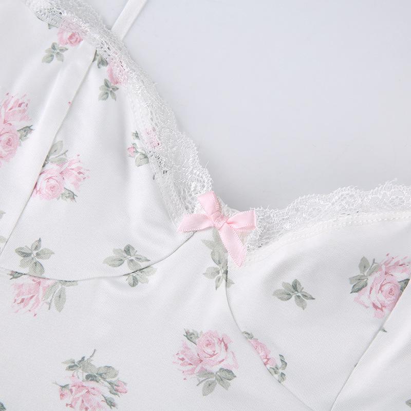 2024 Fresh Floral Nightdress Contrast Color Lace Stitching Small Chest Spaghetti-Strap Padded Sheath Sexy Pajamas Skirt