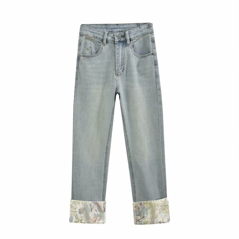 Fashion Style 2024 Summer New Arrival Women's Clothing High Waist All-Matching Stylish Jacquard Flanging Stretch Denim