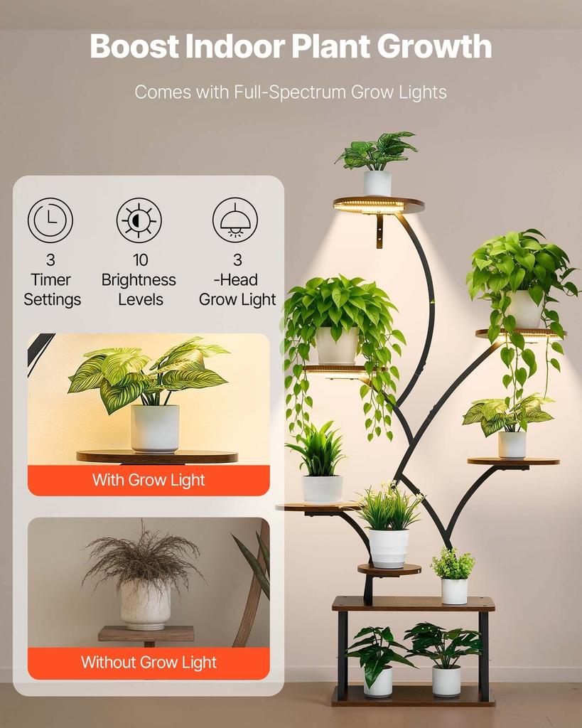 Plant Stand Indoor with Grow Lights, 157.5cm Tall 8-Tier Lighted Plant Shelf, Metal Corner Plants Holder, 3 Timer & 10 Brightness, Tree-Shaped Flower