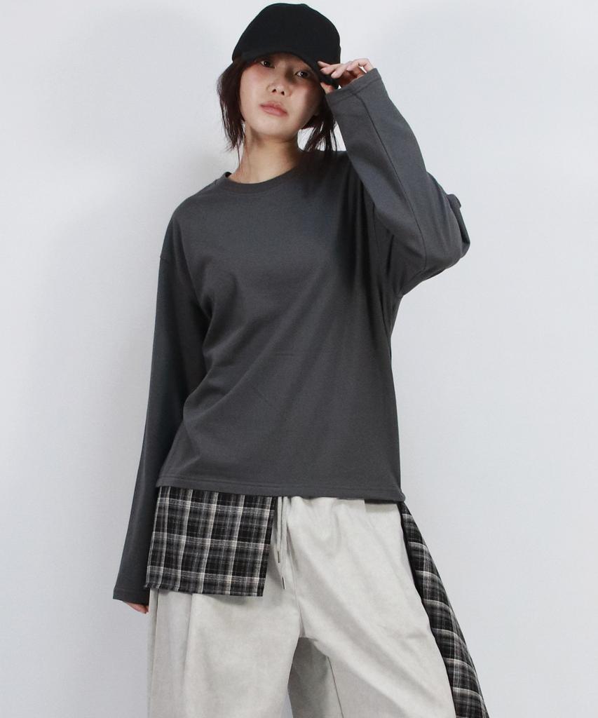 Deumakeu Layered Checkered Wrap Long Sleeve T-Shirt Charcoal