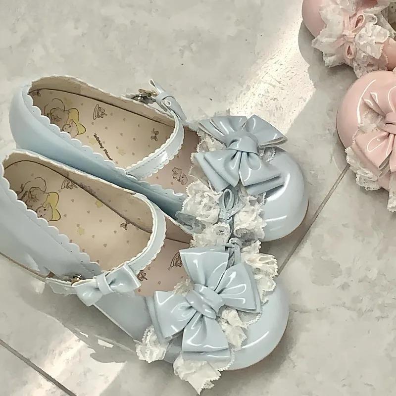Urocze Damskie Buty Mary Jane na Średnim Obcasie Kokardka Koronka Urocze Buty Lolita Okrągły Nosek Grubszy Obcas Słodkie Szpilki Zapatos De Mujer