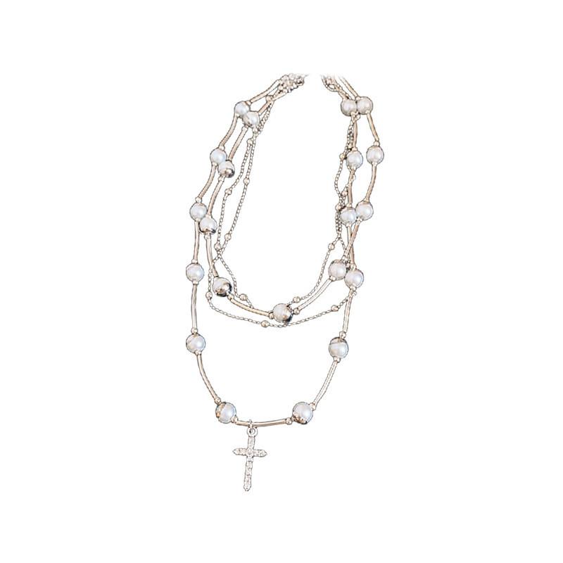 Cross Pendant Necklace With Imitation Pearl Multilayer Chain For Womens Fashion