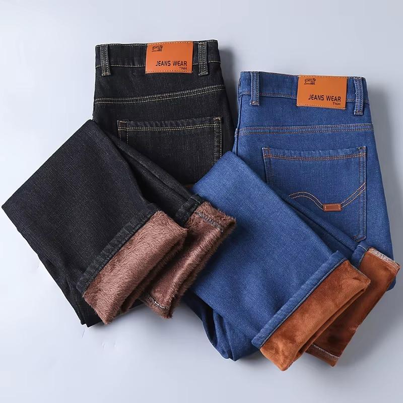 Zima Ležérní Pánské Teplé fleecové džíny Klasický styl Business Hustá kožešina Regular Fit Denim Kalhoty Značka Plyšové kalhoty