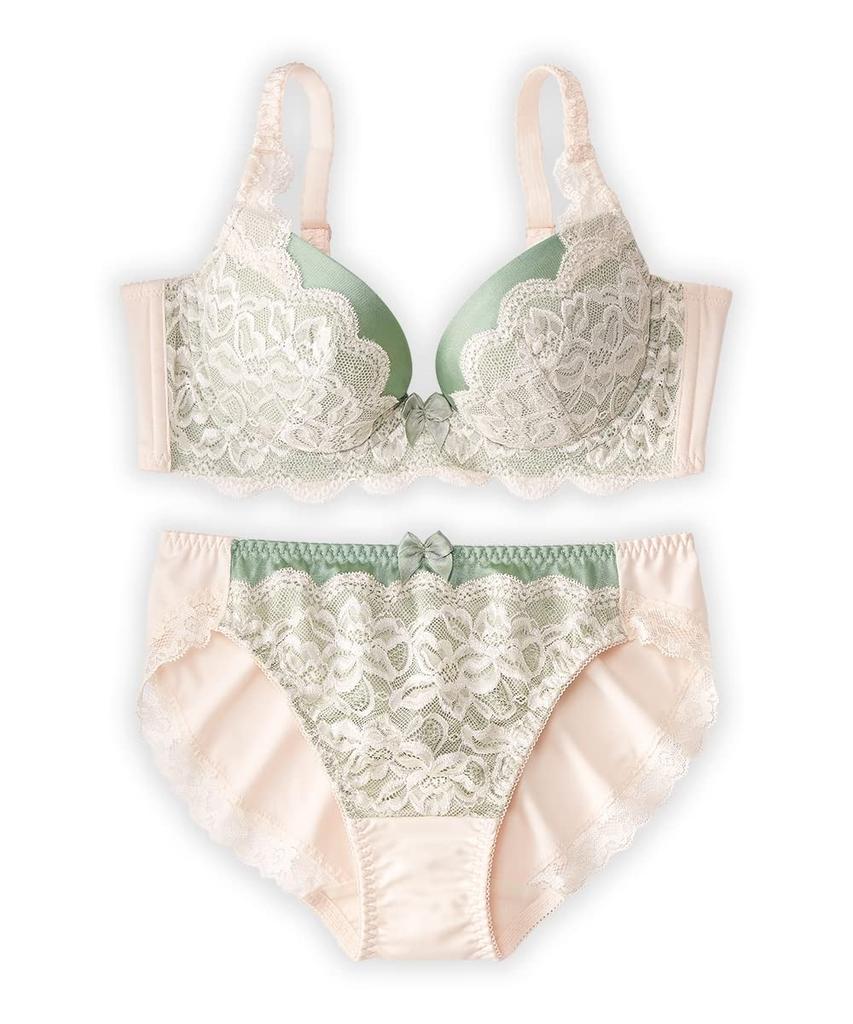 Nissen Innerwear Lace Bra and Panties Powder White x Set High-Back (Triumph) Green, F85/LL-3L