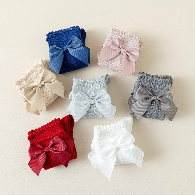 Baby Girl Knee High Socks with Bows Spring Summer Soft Cotton Ruffle Long Stockings Smooth Sole Infant Toddler Uniform Socks