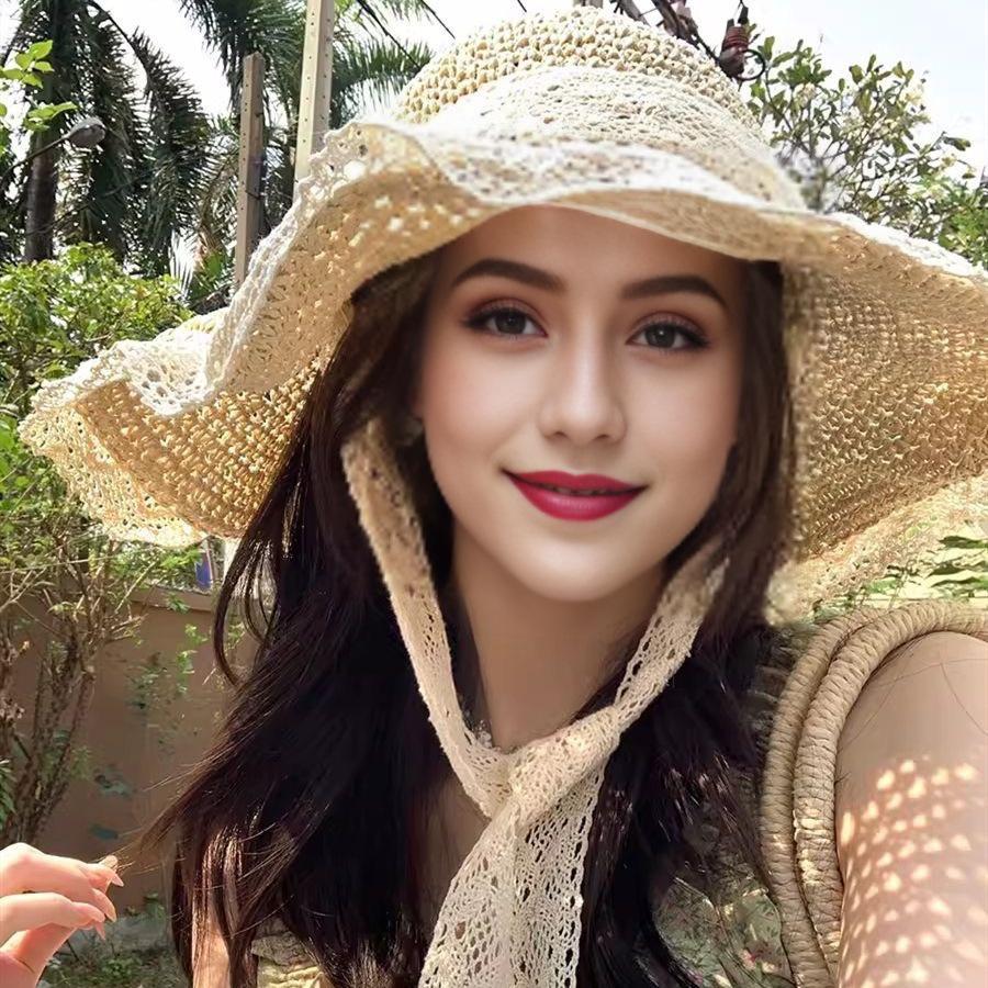 Women's Summer Lace Trim Straw Hat with Bow and Sun Protection