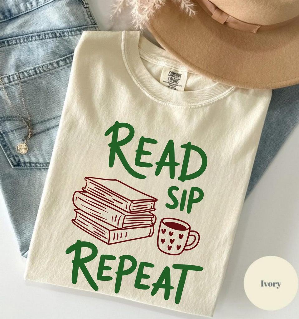Read Sip Repeat Shirt, Book Lover Tee, Cozy Reading T-Shirt, Coffee Lover Graphic Tee, Bibliophile Gift, Reader Aesthetic Shirt, Comfort tee