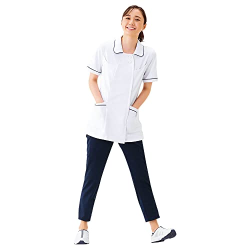 Nursery Women's Open-Collar Piping Jacket, Opaque, Stretch, Medical/Nursing Coat, Size Small, White/Pink, 769112A