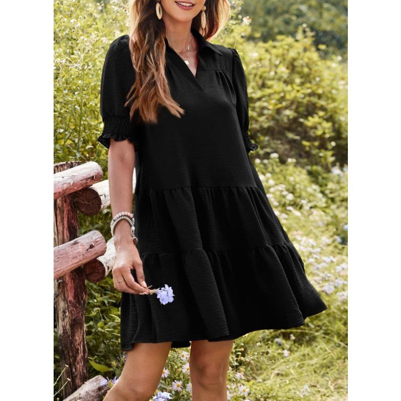 

YYFS Женская мода лето весна однотонный принт рукава 1/2 воротник поло свободная талия повседневные платья XL чёрный