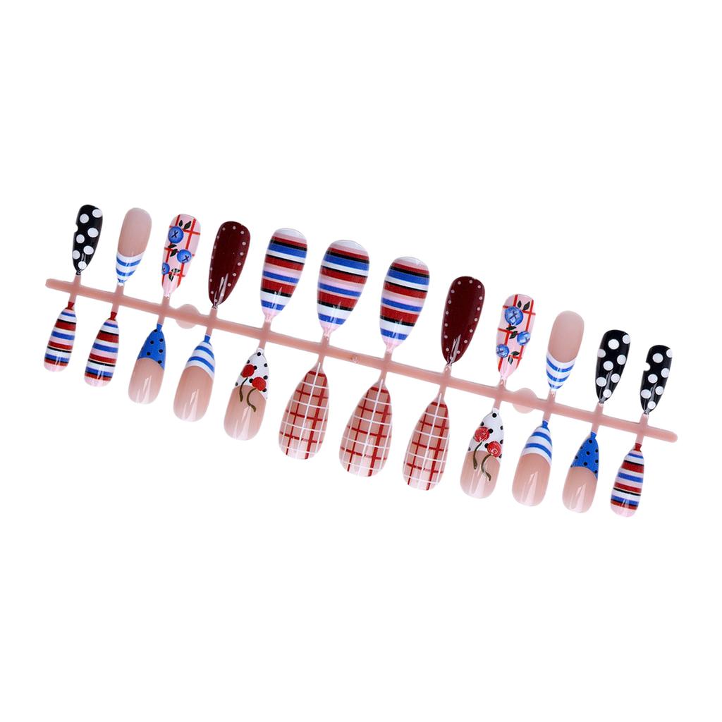 24PCS Press On Nails Polka Dot Stripe 3D Cherry Blueberry Almond Shape Fake Nails Wearable Full Cover Nails Tips For Women