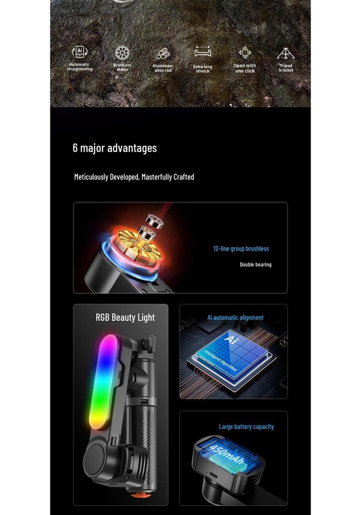 Anti-Shake Selfie Stick with Built-in Beauty Light and Tripod