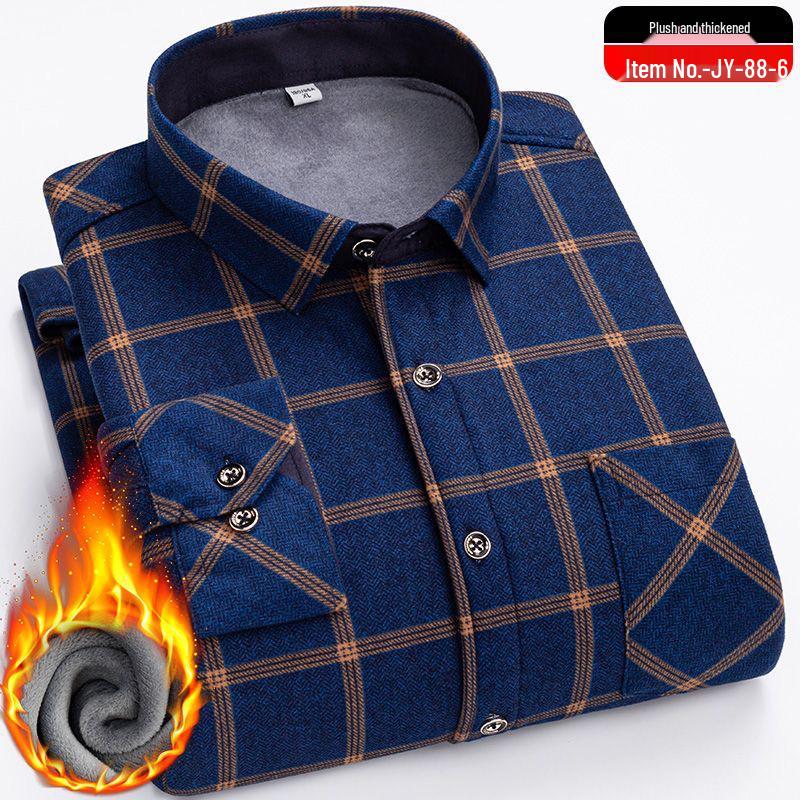 Men's Winter Fleece-Lined Plaid Shirt - Warm, Long-Sleeved Business Casual for Middle-Aged & Elderly, Plus Size Available