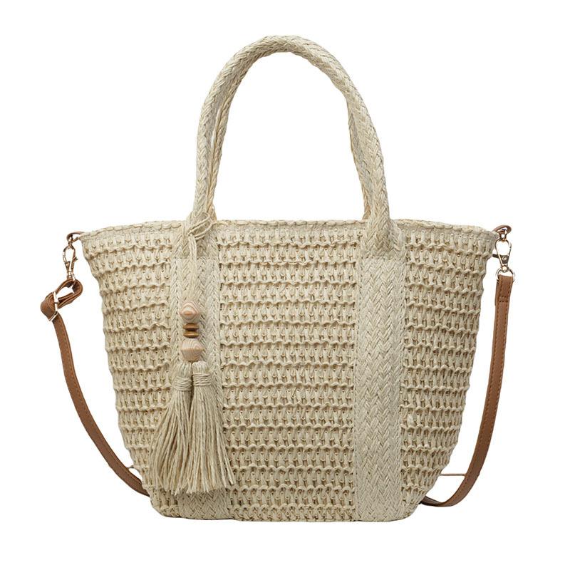 Large Capacity Grass Woven Handbags Women's Summer Beach Vacation Single Shoulder Crossbody Bag Chic Peach Wood Tassel Totes