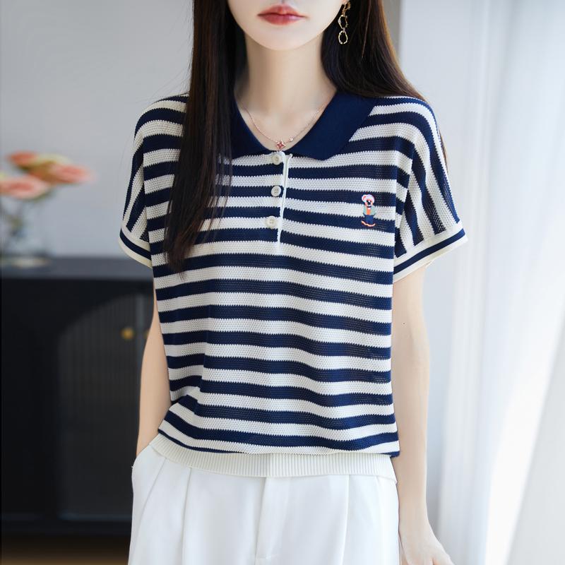 Women Knit T-shirt 100% Wool MODERN NEW SAGA Summer Knitted Shirt Short Sleeve Tees Turn-down Collar Patchwork Pullover Knit Tops