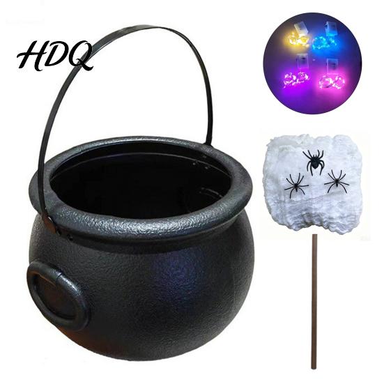 Dark Style Photo Prop Light Up Witch Cauldron DIY Set Halloween Glowing Black Plastic Bowl with Spiders Embossed Texture Spooky Hocus Pocus