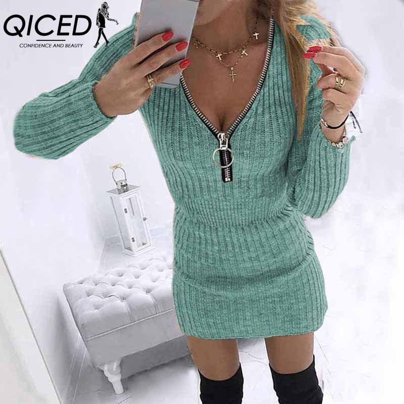 QICED S-5XL Autumn Winter Womens Wrap Skirts Zipper Waist Long Sleeve Knitted Dress Hips