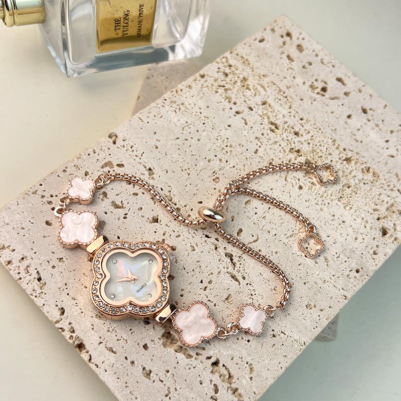 

Женские часы с клеверным браслетом, женские часы с тонким ремешком, браслетом Fritillaria с водными бриллиантами, регулируемые женские кварцевые часы розового золота