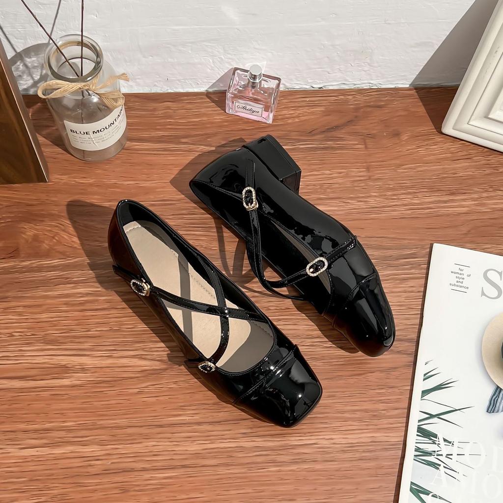2025 Spring New French Light Mouth Single Shoes Women's Thick Heel Not Tired Feet Cross Belt Comfortable Round Head Mary Jane Shoes