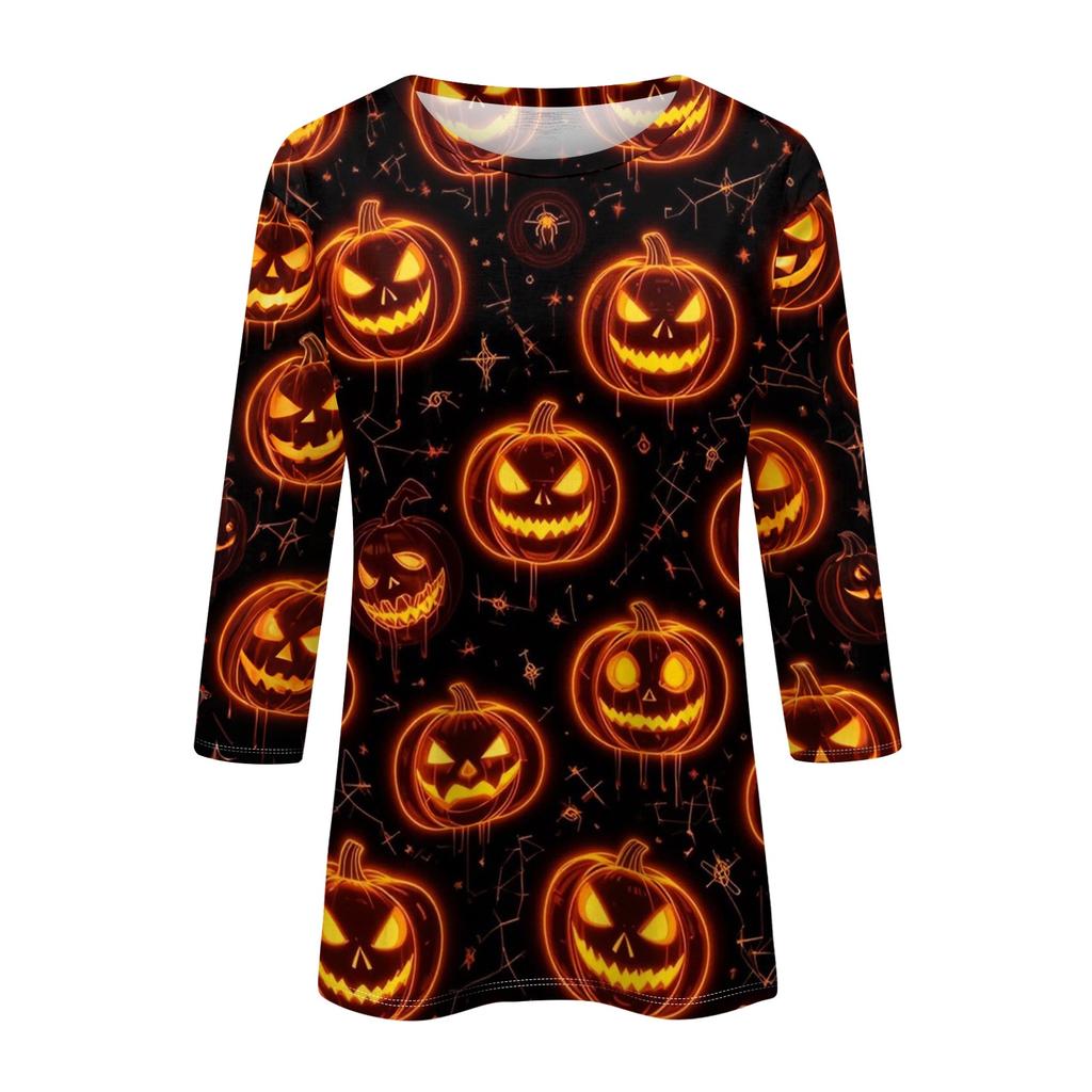 Women's Three Quarter Sleeve Round Neck Halloween Print Blouse Top
