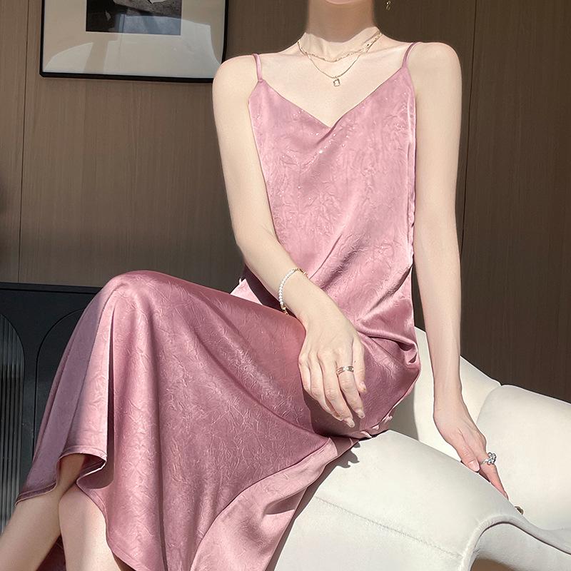 Elegant Solid Color Flower Acetate Satin V-Neck Spaghetti Strap Summer Dress for Women