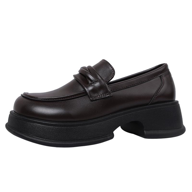 Round head retro black platform small leather shoes for women 2025 new summer French thick heel one pedal loafers for women