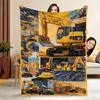 Yellow Excavator Collage Flannel Throw Blanket Construction Vehicle Print Soft Lightweight Kids Blanket