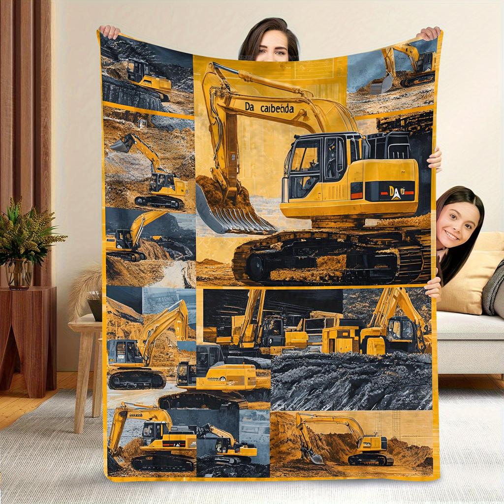 Yellow Excavator Collage Flannel Throw Blanket Construction Vehicle Print Soft Lightweight Kids Blanket
